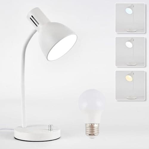 chaotack Metal Small White Desk Lamp,Adjustable Goose Neck Desk Lamps for Home Office Study Room Desks Bedroom Bedside Table Lamp with Free 7W LED Bulb,Eye-Caring Reading Lamps