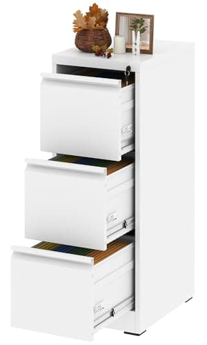 Yukimo 3 Drawer File Cabinet with Lock, Vertical Filing Cabinets for Home Office, Locking File Cabinet Hanging Files for A4/ Legal/Letter, Require Assembly, White