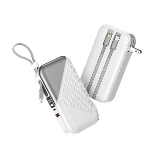 DYDMTT 10000mAh Portable Charger USB C Power Bank Fast Charging 27W Portable Charger with Built in Cable Portable Phone Charger for iPhone 17/16/15, Samsung Android, White