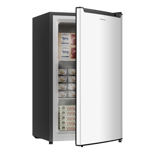 BANGSON 2.1 Cu.ft Upright Freezer, Compact Mini Freezer with Ultra Low Power 40W & Reversible Door, Adjustable Thermostat, Removable Shelves,Small Freezer for Dorm/Office/Apartment, Silver