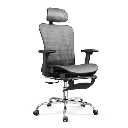DEVAISE Ergonomic Mesh Office Desk Chair, Retractable Footrest and Adjustable Lumbar Support, Comfy High Back Reclining Computer Gaming Chair, Tilt Function, Heavy Duty, SGS Class 4 Gas Lift, Grey