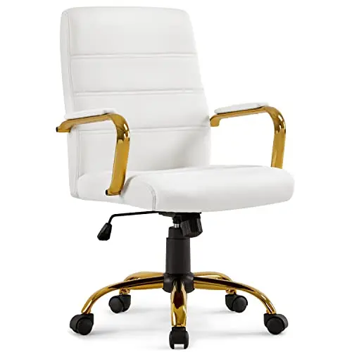 Topeakmart Office Desk Chair Mid-Back Adjustable PU Leather Executive Chair w/Gold Frame White Seat