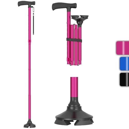 BONTEC Walking Cane - Height Adjustable Free Standing Foldable Canes, Aluminum Alloy Walking Stick with 360° Pivoting Base, Lightweight, Anti-Lost Tag, Canes for Women Men Seniors & Mountaineers, Pink