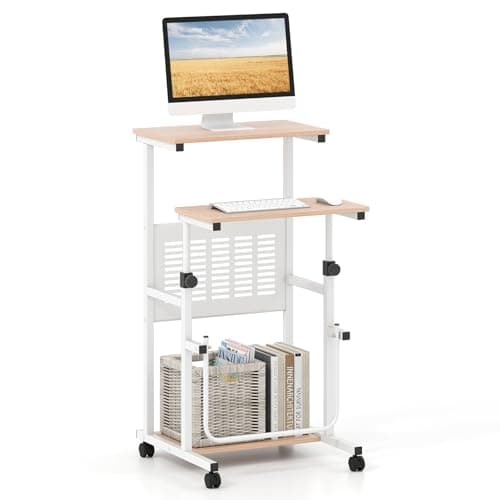 Tangkula Adjustable Standing Desk, Mobile Rolling Computer Desk with Storage Shelf, Portable Laptop Table with Footrest, Mesh Panel, Lockable Wheels, Sit Stand Workstation for Home Office