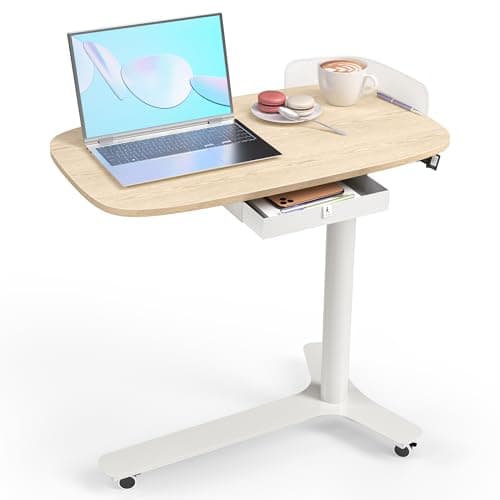 KINGSMITH Rolling Desk Adjustable Height with Drawer and Wheels, Portable Small Standing Desk Pneumatic for Home Office, Mobile Computer Laptop Desk Cart, Medical Sofa Overbed Table, Oak
