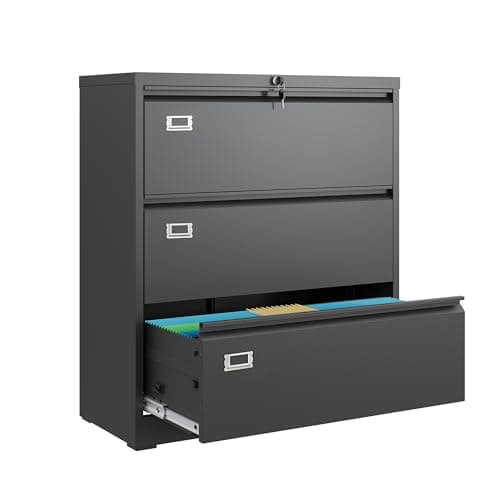 DEVAISE 3 Drawer Metal File Cabinet, Wide Lateral Filing Cabinet with Lock for Home Office Organization Hanging Files Letter/Legal/F4/A4 Size (Black, Assembly Required)