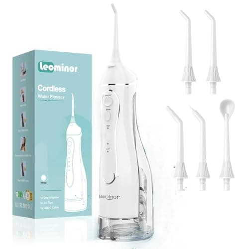 Leominor Water Dental Flosser Pick for Teeth, 300ML Portable Oral Irrigator Upgraded Tank Removable,IPX7 Waterproof, Rechargeable Travel Teeth Cleaner, Professional Electric Flossing (White)