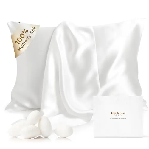 Bedsure 100% Pure Mulberry Silk Pillowcase for Hair and Skin, White Silk Pillow Case with Hidden Zipper, Cooling Pillow Cases Gifts for Women,1pc,Standard Size,20x26 Inches