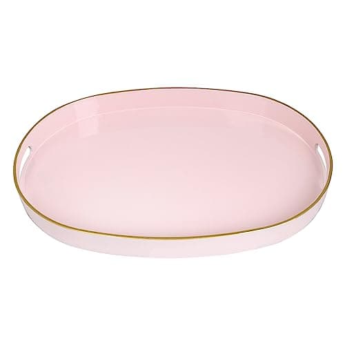 MAONAME Pink Decorative Tray, Oval Serving Tray with Handles, Plastic Trays for Coffee Table, Ottoman Trays for Living Room, Bathroom, 15.6" X 10.6" X 1.4"