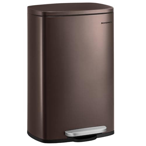 SONGMICS 13 Gallon (50 L) Trash Can, Stainless Steel Kitchen Garbage Can, Recycling or Waste Bin, Soft Close, Step-On Pedal, Removable Inner Bucket, Brown ULTB50BR