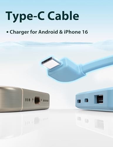 6000mah Ultra Slim Built in Cables Power Bank, Card Size Built in USB C Cords Battery Pack Portable Charger for Phones, 3 Output External Battery Pack Compatible with iPhone, Blue 6