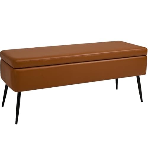 kinmars Leather Storage Ottoman Bench,End of Bed Bench for Living Room Bedroom Dinning Room Entryway,Mid-Century Modern, with Steel Legs,Safety Hinges, Loads 660 lb (Without Button, Brown) 5