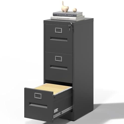 VIYET 3 Drawer File Cabinet, Vertical File Cabinets with Lock for Home Office,Heavy Duty Office Steel Filing Cabinet for Hanging Letters/Legal/A4, Assembly Required (Black)