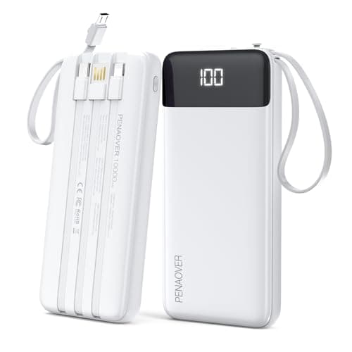 penaover Portable Charger 10000mAh Power Bank with Built-in Cable, 5 Output 2 Input Travel Essential External Battery Pack with LED Display Compatible with iPhone 17/16/15/14 Samsung Android, etc