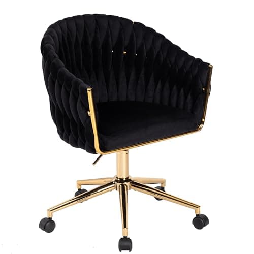 Comermax Velvet Office Chair with Hand Woven, Black Vanity Chairs with Golden Wheels, 360° Swivel Home Office Desk Chair Computer Chairs, Accent Chair Makeup Chair for Bedroom, Living Room(Black)