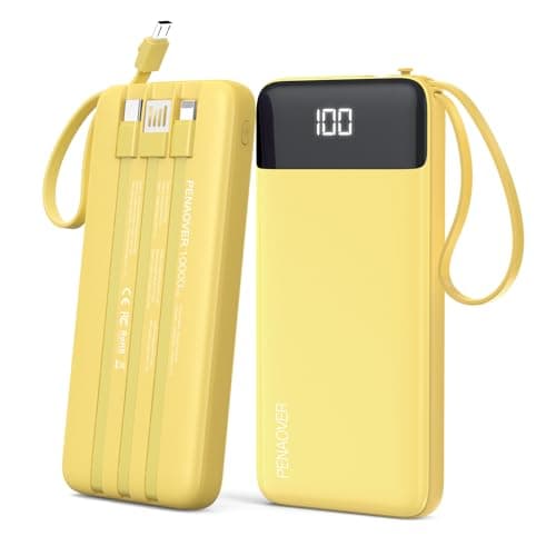 penaover Portable Charger 10000mAh Power Bank with Built-in Cable, 5 Output 2 Input Travel Essential External Battery Pack with LED Display Compatible with iPhone 17/16/15/14 Samsung Android, etc