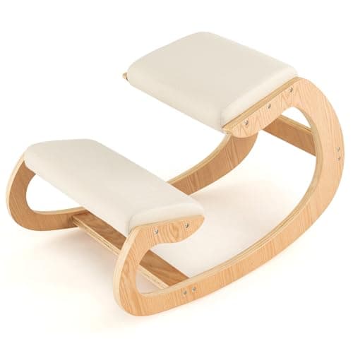 FIREFLOWERY Ergonomic Kneeling Chair, Wooden Posture Chair W/Extra Padding for Back Neck Pain Relief & Improving Posture, Rocking Meditation Stool W/Knee Support for Home Office (Beige)
