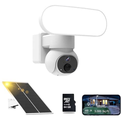 Sdstone Solar-Powered Floodlight Security Camera with Battery(64GB SD Storage) 1500LM Spotlight 2K 360° PTZ Wireless Outdoor, Color Night Vision, PIR Sensor, IP65, 2.4GHz WiFi - No Monthly Fees