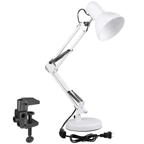 TORCHSTAR Metal Desk Lamp with Clamp, Swing Arm, Architect Adjustable Gooseneck Table Lamp, Clip Desk Lights for Home Office, Work, Study, Reading, E26 Base, Multi-Joint, White