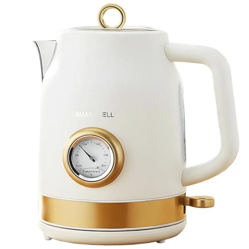 QUAXWELL Retro Electric Kettle, 1.7L 304 Stainless Steel Tea Kettle with Temperature Gauge, 1500W Fast Boiling Water Boiler,Auto Shut-Off & Boil-Dry Protection, BPA-Free, Matte White and Gold