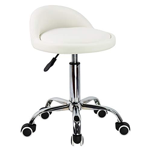 KKTONER PU Leather Round Rolling Stool with Back Rest Height Adjustable Swivel Drafting Work SPA Task Chair with Wheels (White)