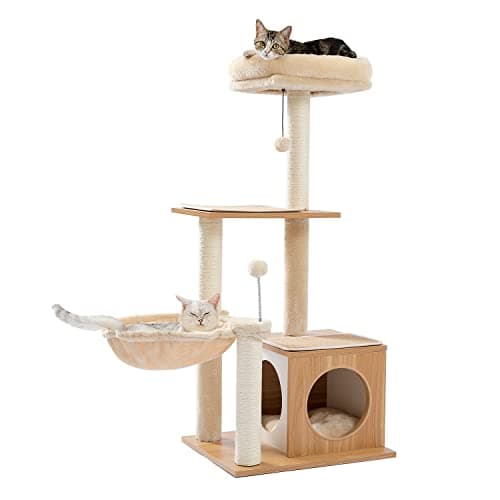 PEQULTI Cat Tree Modern Cat Tower for Indoor Cats,Multilevel Cat Play House with Large Condo, Spacious Hammock, Cozy Top Perch,Scratching Post and Dangling Balls 8