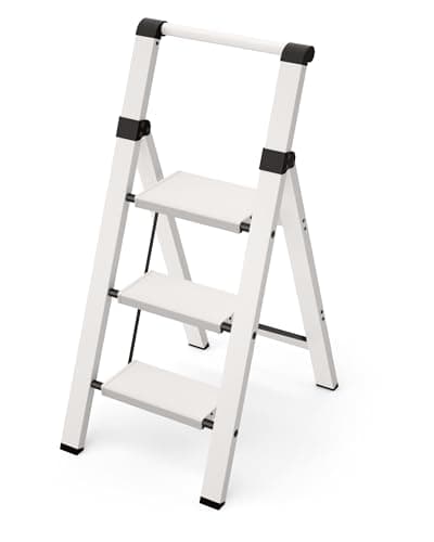 Taranta 3 Step Ladder, Lightweight Aluminum Step Stool with Convenient Handgrip, Folding Ladder with Anti-Slip Pedals, 330lbs Capacity Stepladder for Home, Office, Kitchen - White