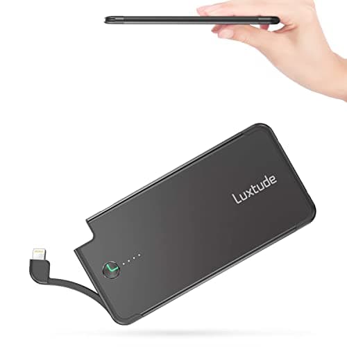 Luxtude Portable Charger iPhone Built in Lightning Cable (MFi Apple Certified), Ultra Slim Portable Phone Charger Thin Battery Pack, 5000mAh Power Bank for iPhone 14/13/12/11/10 etc. (Metal Black)