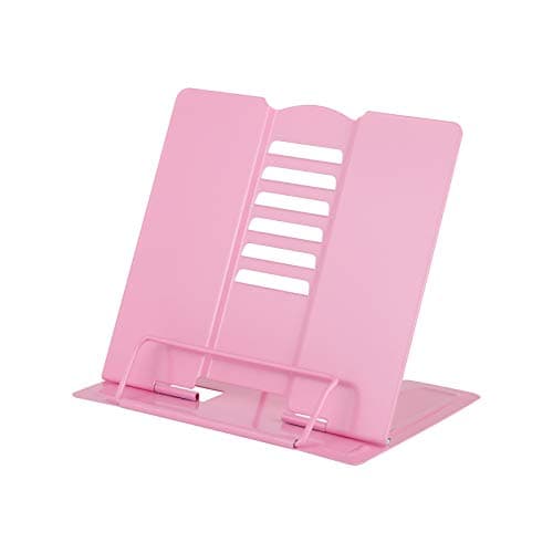 Blizzow Desk Book Stand Holder - Hands Free, Adjustable Metal Stand, Foldable Portable Bookstand - Cookbook, Recipe, Tablet, Music, Documents (Pink)