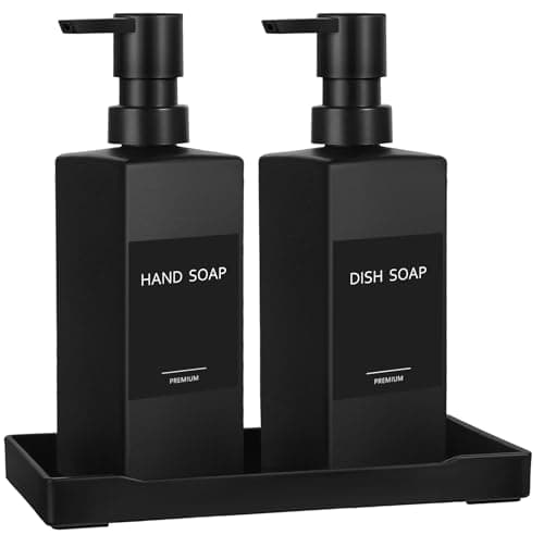 GMISUN Kitchen Soap Dispenser Set, Hand and Dish Soap Dispensers, 12 fl oz/350 ml Black Soap Dispenser with Tray, Glass Dish Dispenser for Kitchen, Liquid Hand Soap and Lotion Bottle Set for Bathroom