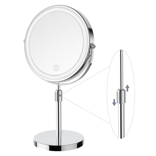 GioeDa Makeup Mirror with Lights, Height & Brightness Adjustable Lighted Makeup Mirror with 10x Magnification, 8" Rechargeable Double Sided Vanity Mirror with 3 Colors Lights