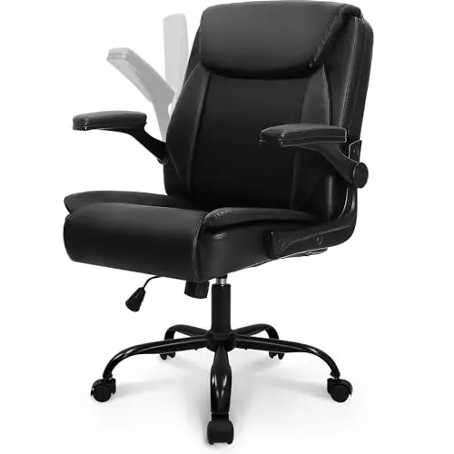 NEO CHAIR Office Desk Computer Chair Ergonomic Executive Mid-Back Leather Gaming Chair with Adjustable Flip-Up Armrests Wheels Swivel for Home Study Task (Jet Black)