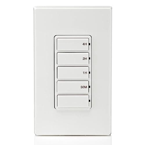 Leviton Countdown Timer Switch for household lights, heaters and exhaust fans, 30 min, 1-2-4 hour, No Neutral Wire Required, Single Pole, 15A, 1/2 HP/9.8A Fan/Motor, DT104-1LW, White 12