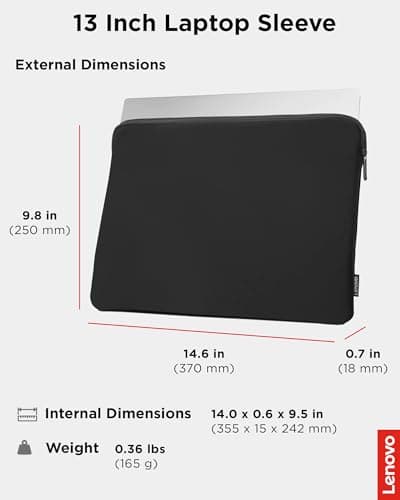 Lenovo Basic Laptop Sleeve 13 Inch Notebook/Tablet Compatible with MacBook Air/Pro Neoprene Material - Soft Fleece Lining - Zippered Top Opening - Black 6