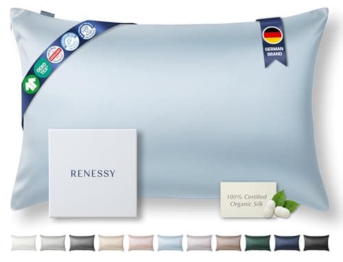 RENESSY Premium Silk Pillowcase 100% Organic Mulberry Silk, 22 Momme, Grade 6A - Oeko-Tex Certified in Germany - Luxury for Hair & Skin, 1 Piece (Standard Size 20x26 Inches, Cloud Blue)