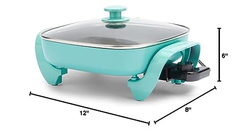 GreenLife 12" 5QT Square Electric Skillet, Glass Vented Lid, Ceramic PFAS-Free Nonstick Interior, Adjustable Temperature Control, Cool Touch Handles, Quick Even Heating, Scratch Resistant, Turquoise 9