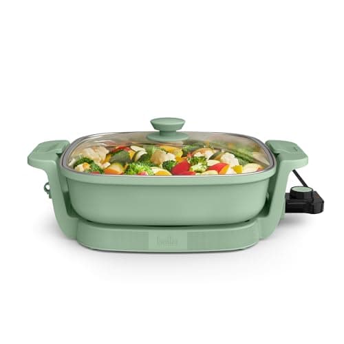 bella Make & Take Electric Skillet, Fits-anywhere™ kitchenware, EverGood™ Ceramic Coating, Adjustable Temperature & Dishwasher-Safe Tempered Glass Lid, Cast Aluminum Base, 1200 Watt, Seaglass