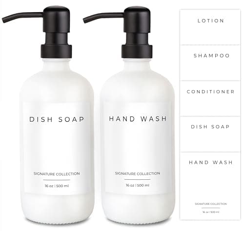 Emerson Essentials Soap Dispenser, Dish Bottles for Kitchen - Bathroom Set, Hand Soap Dispenser, Glass Bottles with Pump and Labels - 16 Oz | 2 Pack