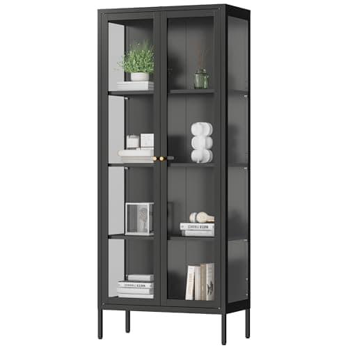 Polup Display Cabinet with 3 Side Tempered Glass, 66" Tall Curio Cabinet with Glass Doors, Black Display Case for Collectibles, Metal Storage Cabinet & Bookcase for Living Room, Assemble Required
