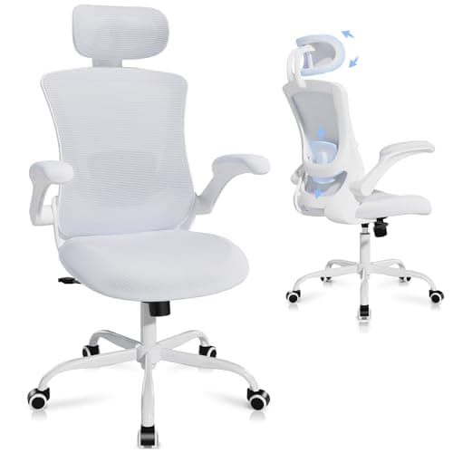 Ergonomic Office Chair with Adjustable Lumbar Support & Headrest, High Back Mesh Desk Chair with Flip-Up Armrests, Breathable & Comfortable Computer Chair for Home, Office & Study –White