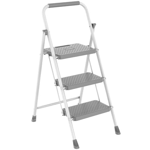 NEWBULIG 3 Step Ladder, Collapsible Step Stool with Safety Lock, Anti-Slip Rubber Feet, Lightweight Portable Ladder for Home Office Garage, Grey & White