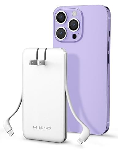 miisso Ultra Slim 10000mAh Power Bank Built-in Cables and Foldable AC Wall Plug, Pocket Size USB C Portable Charger, External Battery Pack Compatible with iPhone Samsung, White