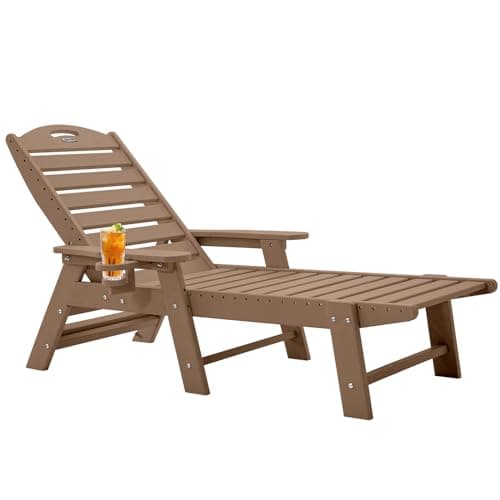 Chaise Lounge for Outdoor, Patio Lounge Chairs for Outside, Chaise Lounge Chair with 6 Positions, HDPE Lounge Chair with Cup Holder for Pool Poolside Deck Backyard Lawn, Teak