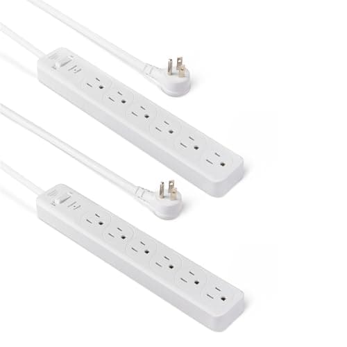 Amazon Basics Rectangle 6-Outlet Surge Protector Power Strip with Circuit Breaker, 600 Joule, 2ft Cord, White, 2-Pack