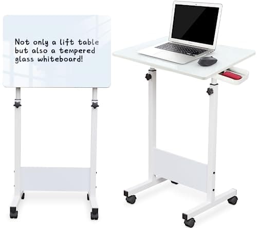 KOUPA Adjustable Height Standing Desk, Writable Tempered Glass Desktop with Eraser, 360° Flip, Wheels – Ideal for Small Spaces and Home Offices, 24 in, White(Adjustable Height: 32-47 in)