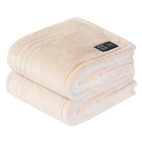 Sealy Heated Blanket Throw with Built-in Button Controller, Reversible Flannel to Sherpa Electric Blanket with 2-10 Hours Auto-Off & 4 Heating Levels, Over-Heat Protection, 50x60 inch, Beige