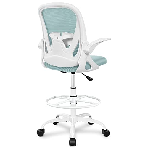Primy Drafting Chair Tall Office Chair with Flip-up Armrests Executive Ergonomic Computer Standing Desk Chair with Lumbar Support and Adjustable Footrest Ring（Light Blue）