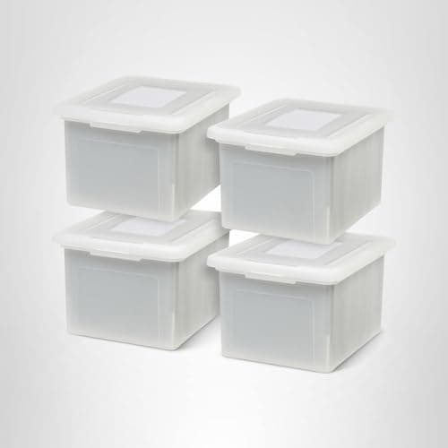 IRIS USA File Box, Plastic File Organizer with Lids for Letter/Legal File, Portable Document Box For Moving, Storage Bin with Durable and Secure Lid, Stackable Nestable BPA-Free, Pearl 35 Qt. 4 Pack 12
