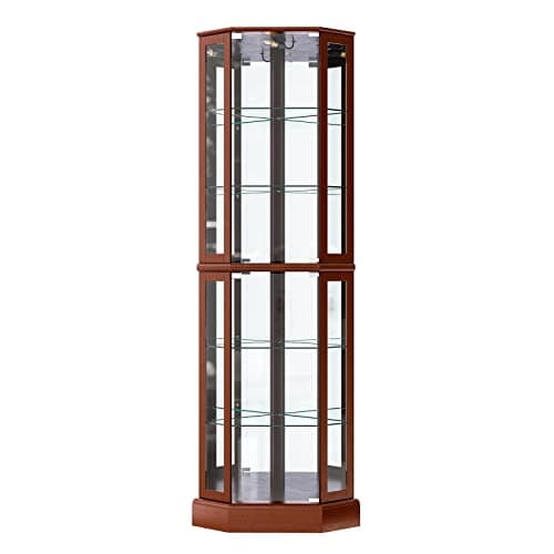 BELLEZE Lighted Corner Display Curio Cabinet,72" Tall Wooden Curved Shelving Unit with Tempered Glass Door, Bar and Liquor Storage Area with 6 Shelves - Ashfield (Walnut) 6
