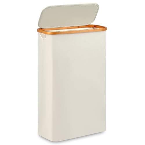 Merkisa Slim Laundry Hamper,Narrow laundry Hamper with Lid,60L Hamper for Laundry,Dirty Cloth Hamper with Bamboo Handle for Toys,Towels, Clothes Organizing,Beige